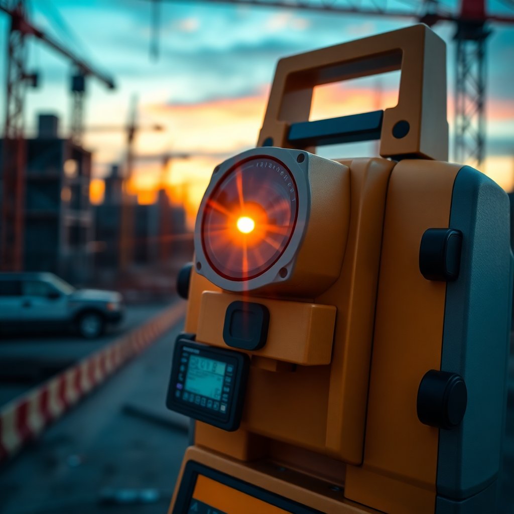 Close-up of a high-end digital total station geodetic device, laser beam visible, technical display with coordinates, construction site background at twilight, cinematic lighting, industrial blue and orange accents.